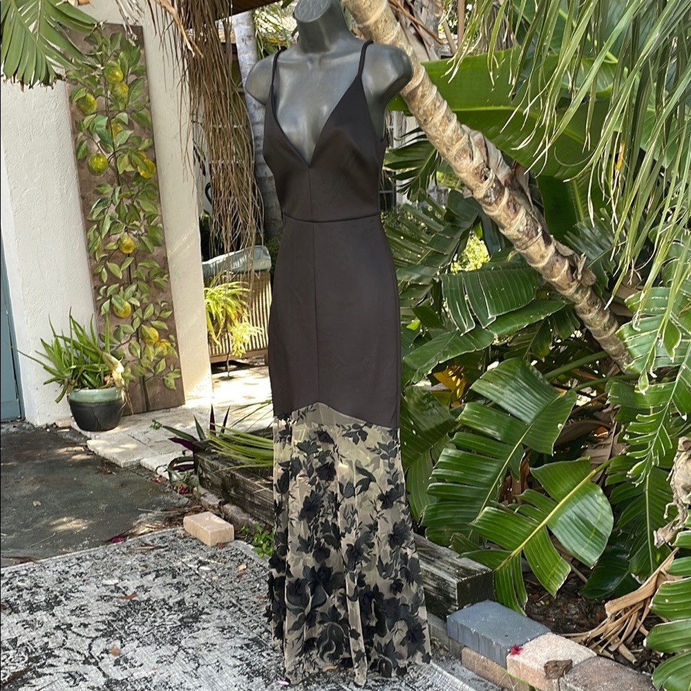Asos deep cut gown with sheer 3d  floral trumpet skirt
